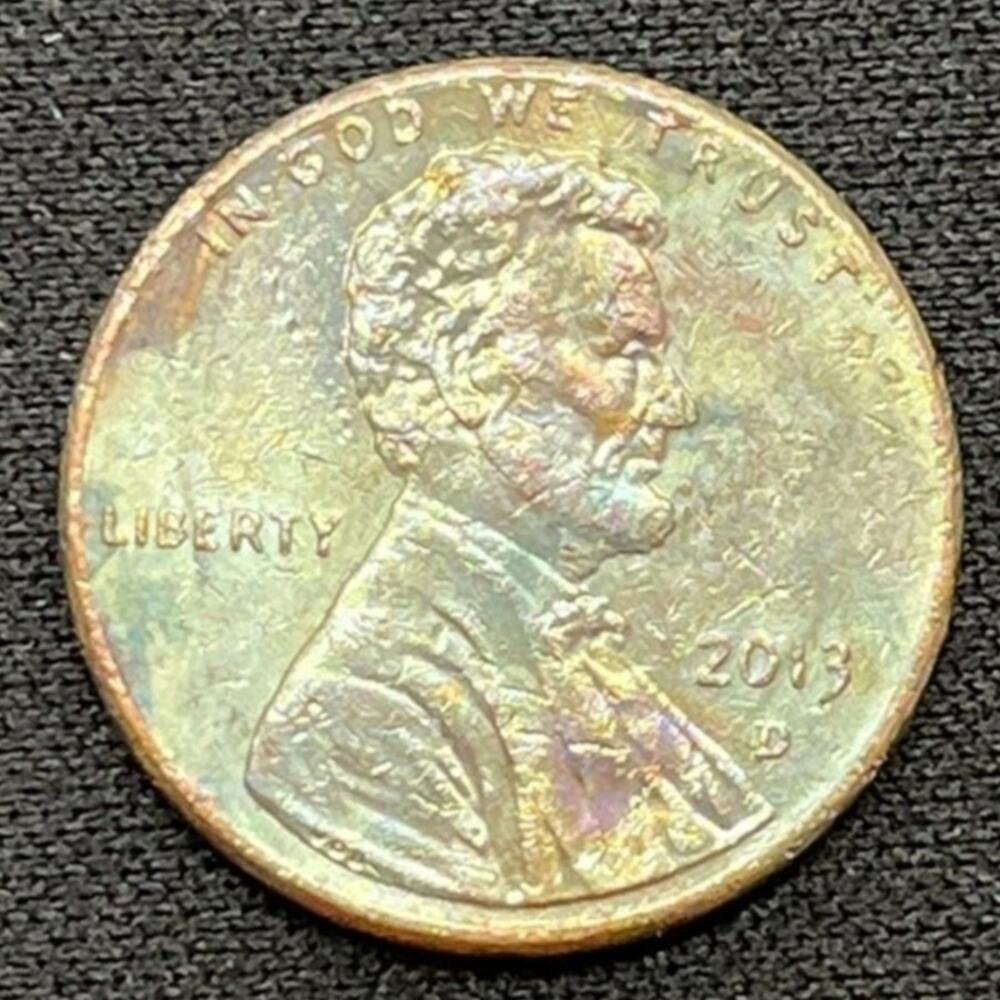 2013-D Lincoln Penny One Cent Soft Rainbow Toned Handmade Art Coin #50